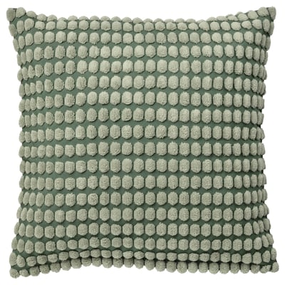 SVARTPOPPEL cushion: pale green, square, soft recycled polyester, textured pom-pom pattern.