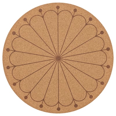 SVARTVIDE round cork trivet, brown, circular, petal design.