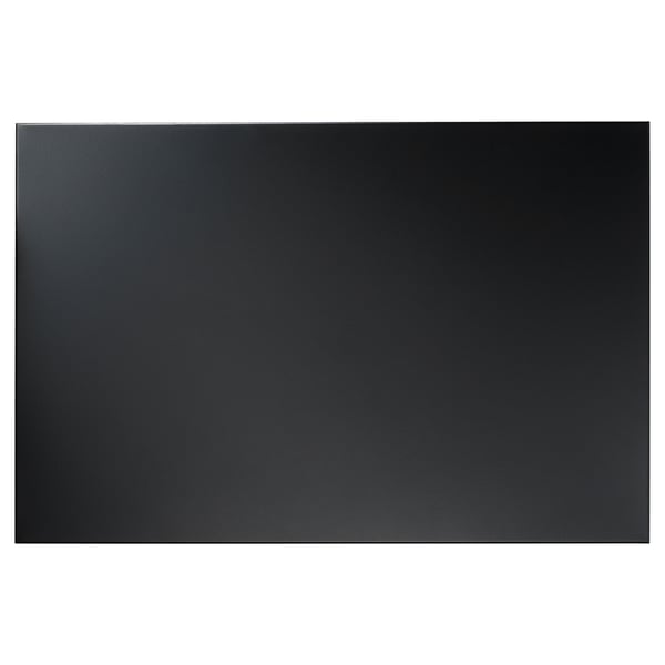 A black svensas magnetic board. Its rectangular, made of powder-coated steel. Use it to hang notes and memories.