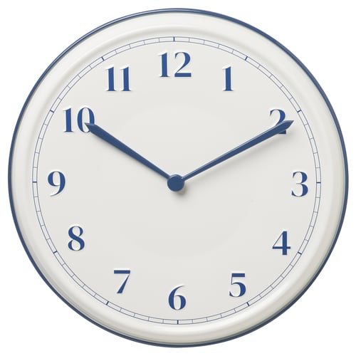 Blue classic wall clock with white face and numbers, round shape, silent quartz movement.