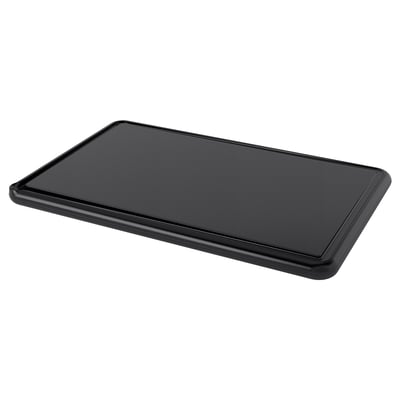 SYSSELSÄTTA black chopping board. Rectangular, flat, durable plastic.