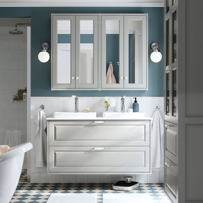 TÄNNFORSEN / ORRSJÖN Wash-stnd w drawers/wash-basin, light grey/white marble effect, 122x49x71 cm
