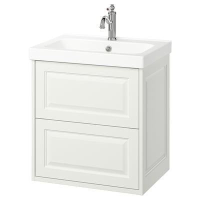 TÄNNFORSEN white double drawer bathroom vanity, classic design with beveled edges, wall-mountable.