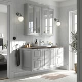 Modern bathroom with grey TÄNNFORSEN vanity, mirror cabinets, & natural light.