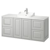 TÄNNFORSEN light grey bathroom vanity, wall-mounted, drawers, cabinets, ceramic basin, chrome faucet.