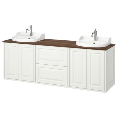 White dual bathroom vanity with wooden top, two sinks, chrome faucets.