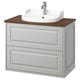 TÄNNFORSEN light gray bathroom vanity, wood top, white bowl sink, chrome faucet.
