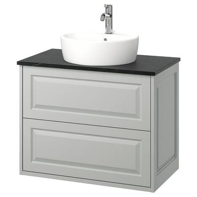TÄNNFORSEN light grey vanity, wall-mounted, round white basin, crafted look.