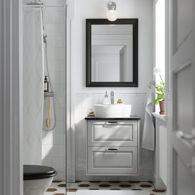 Modern bathroom: TÄNNFORSEN grey cabinet, vessel sink, large mirror. Large drawers, wall-mounted.