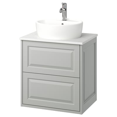 Light gray TÄNNFORSEN bathroom vanity with round white basin and silver faucet.