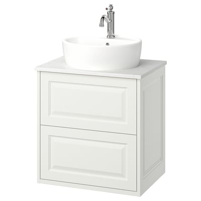 TÄNNFORSEN white bathroom vanity. Round bowl sink, chrome faucet, beveled cabinet with drawers.