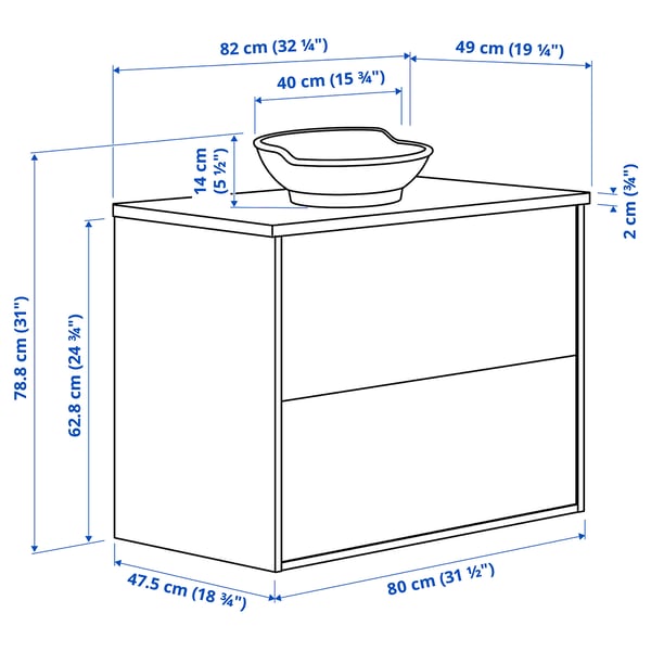 TÄNNFORSEN / VÄSTERSJÖN Wash-stnd w drawers/wash-basin, light grey/black marble effect, 82x49x79 cm