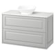 Modern light grey wall-mounted bathroom cabinet with marble countertop and white vessel sink. Clean, minimalist design with two drawers.