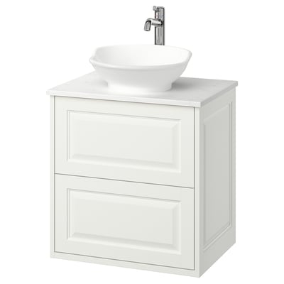 TÄNNFORSEN white vanity, marble counter, round sink, chrome faucet.