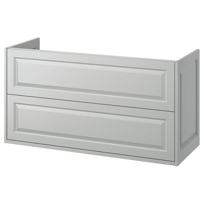 TÄNNFORSEN gray bathroom cabinet with beveled edges and two drawers.