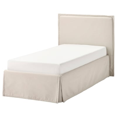 TÄRNKULLEN bed, beige, upholstered rectangular headboard, neutral-colored cover, modern minimalist style.