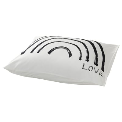 A TAPETMAL pillowcase, white with a black rainbow design, soft cotton/viscose blend, rectangular shape.