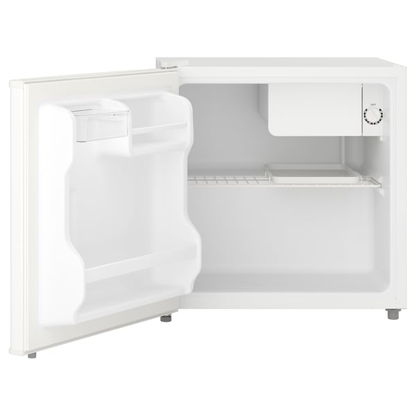 Small white fridge, TILLREDA model, open door, internal shelf.