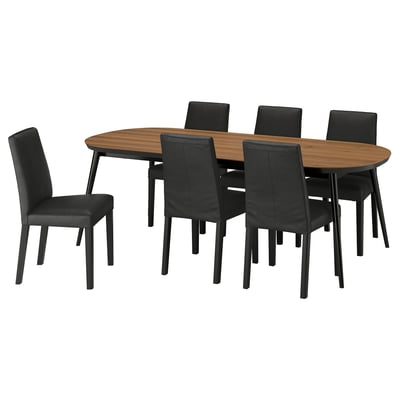 TJÄRKIL / BERGMUND Table and 6 chairs, black walnut veneer/Glose black, 235x100 cm