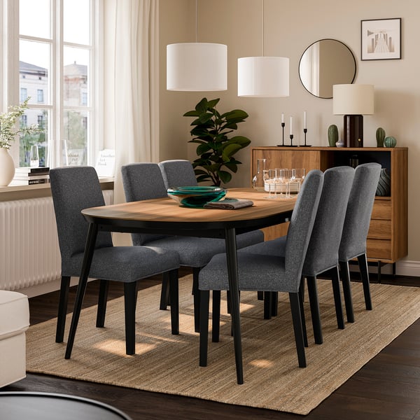 TJÄRKIL / BERGMUND Table and 6 chairs, black walnut veneer/Gunnared dark grey, 235x100 cm