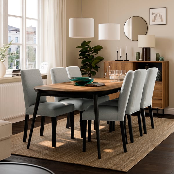TJÄRKIL / BERGMUND Table and 6 chairs, black walnut veneer/Orrsta light grey, 235x100 cm