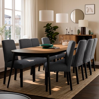 TJÄRKIL / BERGMUND Table and 8 chairs, black walnut veneer/Gunnared dark grey black, 180/235/290 cm
