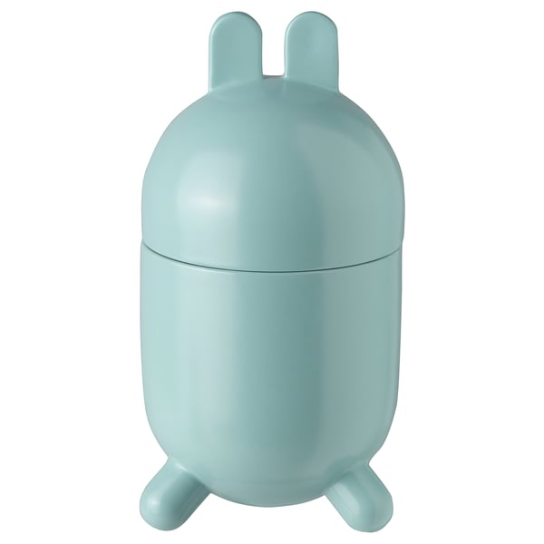 A light blue ceramic TJÄRLEK bunny-shaped bowl with a lid, standing on three legs.