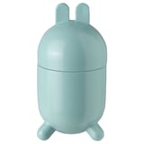 A light blue ceramic TJÄRLEK bunny-shaped bowl with a lid, standing on three legs.