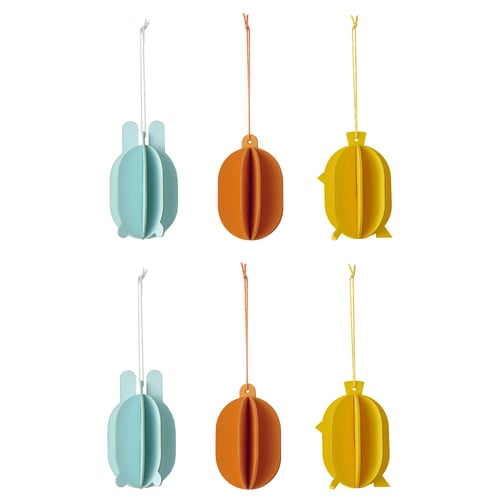 Six 3d paper ornaments: turquoise, orange, yellow shapes with hanging strings, 2x3 arrangement.