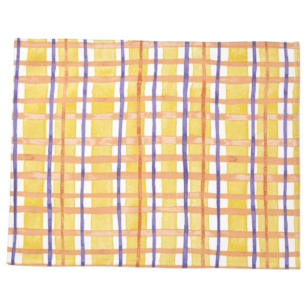 Bright yellow grid-patterned place mat with orange, white, and purple lines, rectangular shape.