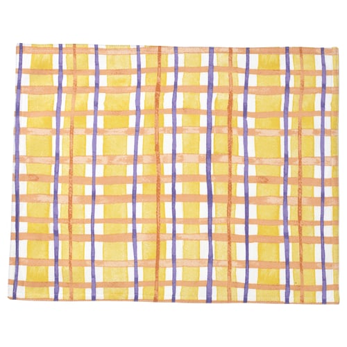 Bright yellow grid-patterned place mat with orange, white, and purple lines, rectangular shape.