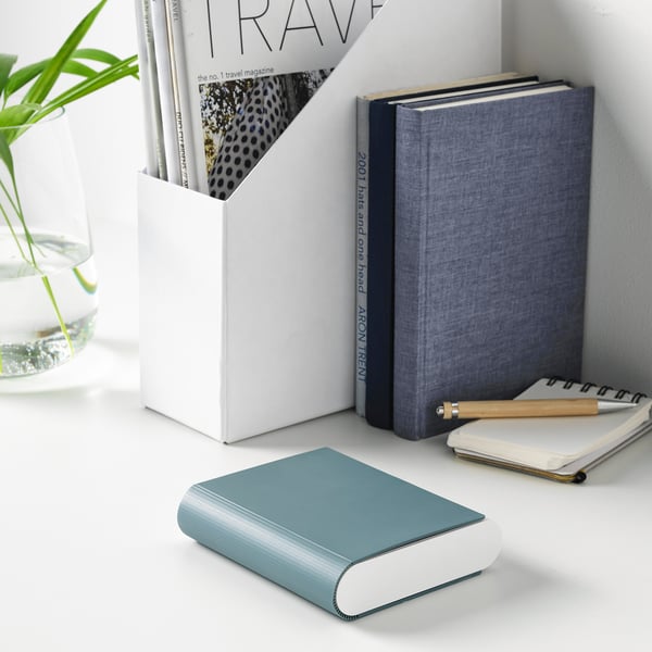 Books, magazines, green charger, vase with plants, pencil holder on table.