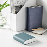 Books, magazines, green charger, vase with plants, pencil holder on table.