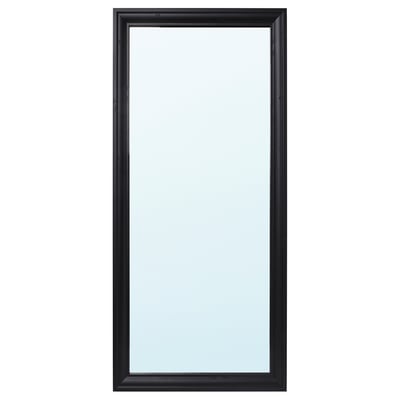 The TOFTBYN mirror: tall, black rectangular frame, classic design, versatile hanging options.