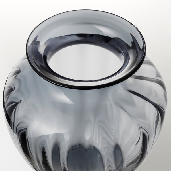 Glass vase, handcrafted, swirling gray patterns, smooth rim.