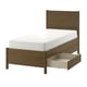 Brown wood TONSTAD bed with white mattress and open storage drawer.