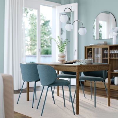 TONSTAD / KRYLBO Table and 4 chairs, brown stained oak veneer/Axvall blue, 140/196x85 cm