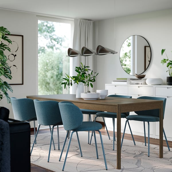 TONSTAD / KRYLBO Table and 6 chairs, brown stained oak veneer/Axvall blue, 200x85 cm