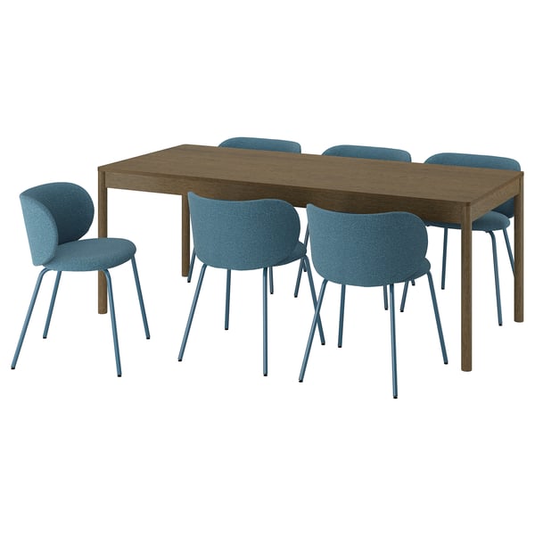 TONSTAD / KRYLBO Table and 6 chairs, brown stained oak veneer/Axvall blue, 200x85 cm