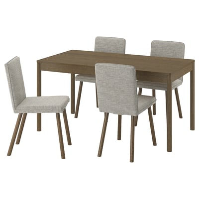 Four-seater TONSTAD set with brown table and gray chairs, featuring a modern design with soft edges and wooden legs.