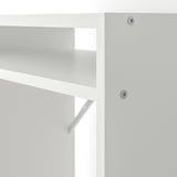 A section of a white desk with adjustable shelving, featuring sturdy chrome screws.