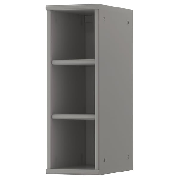 A gray TORNVIKEN open cabinet. Its tall and slim, made of fibreboard, with a simple, modern design.