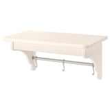 A TORNVIKEN wall shelf in white. Its rectangular, made of fibreboard with a nickel-plated steel rod and hooks for hanging items.
