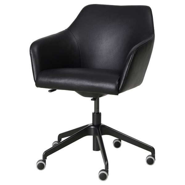 TOSSBERG black leather office chair, swivel, high back, padded, five-star base, castors.