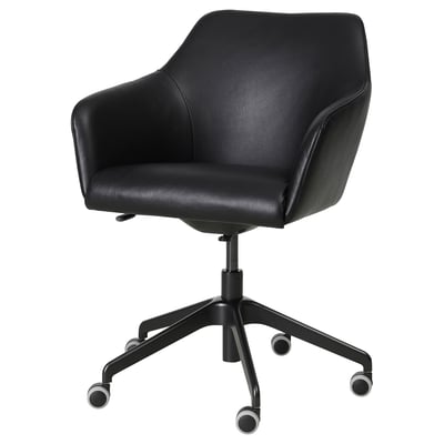 TOSSBERG black leather office chair, swivel, high back, padded, five-star base, castors.