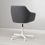 Modern office chair, grey fabric, high back, adjustable height, durable base with wheels.