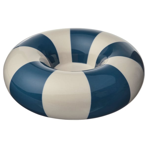 Blue and white striped torus-shaped tealight holder, stoneware.