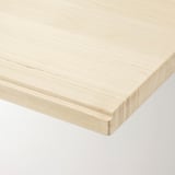 A close-up of a light-colored, smooth wooden shelf edge, finished with a clear coat.