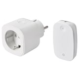 Two white smart plug and remote control devices by ikea, one with a power outlet, the other with an on/off button.