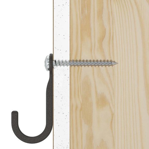 Black hook on wooden board for wall mounting.